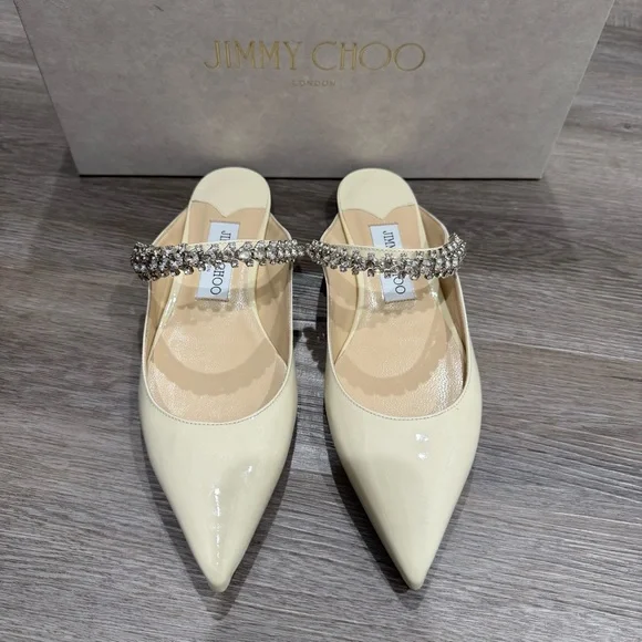 Jimmy Choo Bing Crystal Strap Patent Leather in Linen Mule Flats - Picture 4 of 16